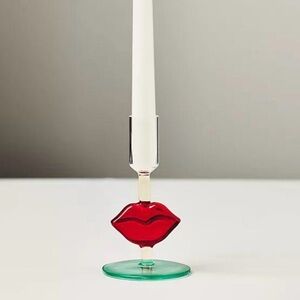 NWT Anthropologie Ceci Glass Candle Holder With Red Lips 5.25”